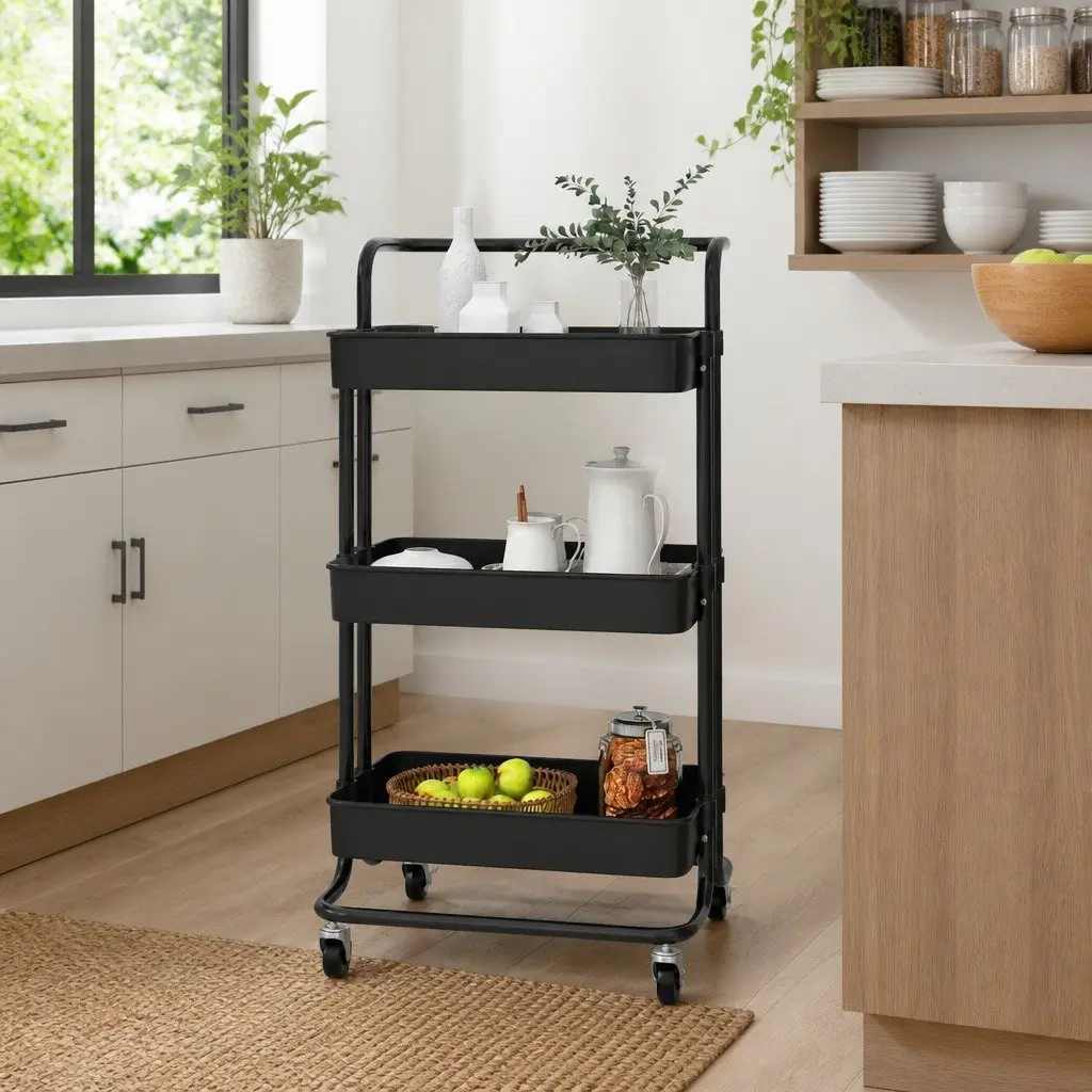 3-Tier Kitchen Trolley Organiser Storage Cart Black with Removable Baskets and Wheels