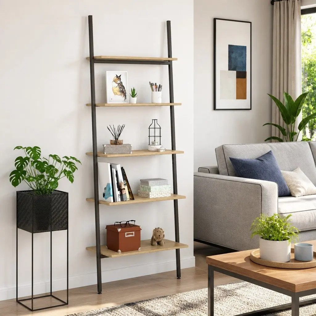 5-Tier Leaning Shelf Storage Bookcase Brown Black Strong Steel Frame Home Office Display Stand