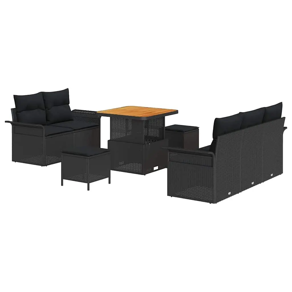 Outdoor Garden Sofa Set 8 Piece Black Poly Rattan with Waterproof Cushion Storage