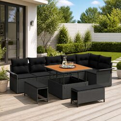 Outdoor Garden Sofa Set 9 Pcs Black Modular Seating with Storage Cushions