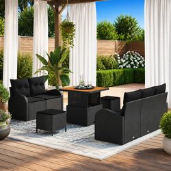 Outdoor Garden Sofa Set 8 Pieces Black Poly Rattan Modular Seating Storage