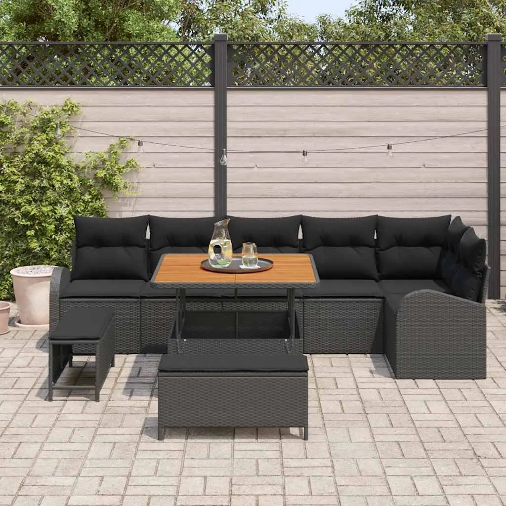 Outdoor Garden Sofa Set 9 Piece with Storage Compartments Black Poly Rattan and Acacia Wood