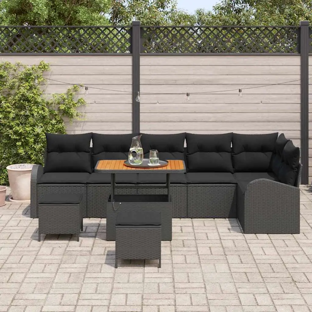 Outdoor Garden Sofa Set 9 Pieces Black Poly Rattan with Storage Compartment