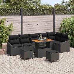 Outdoor Garden Sofa Set 9 Pieces Black Poly Rattan Modular Seating with Cushions