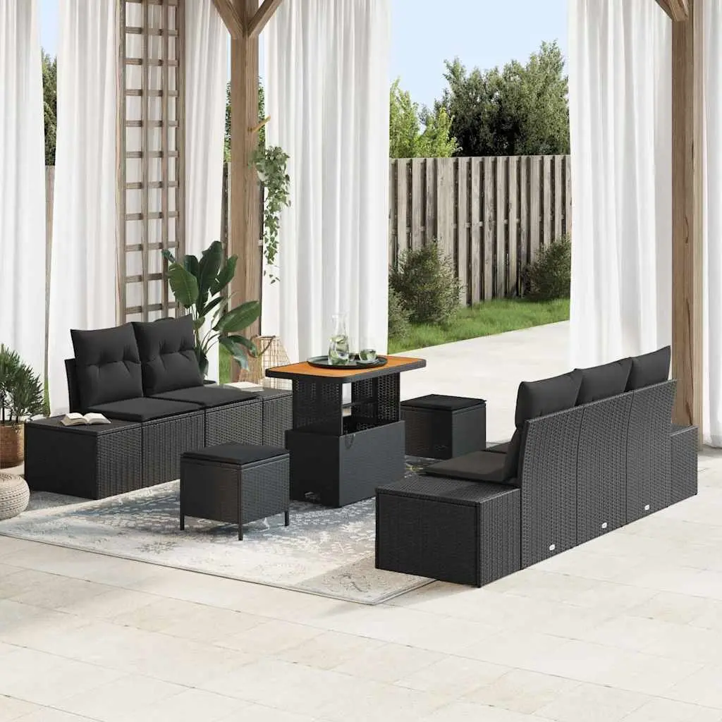 Outdoor Garden Sofa Set 8 Pieces Black Poly Rattan Weather Resistant Cushions