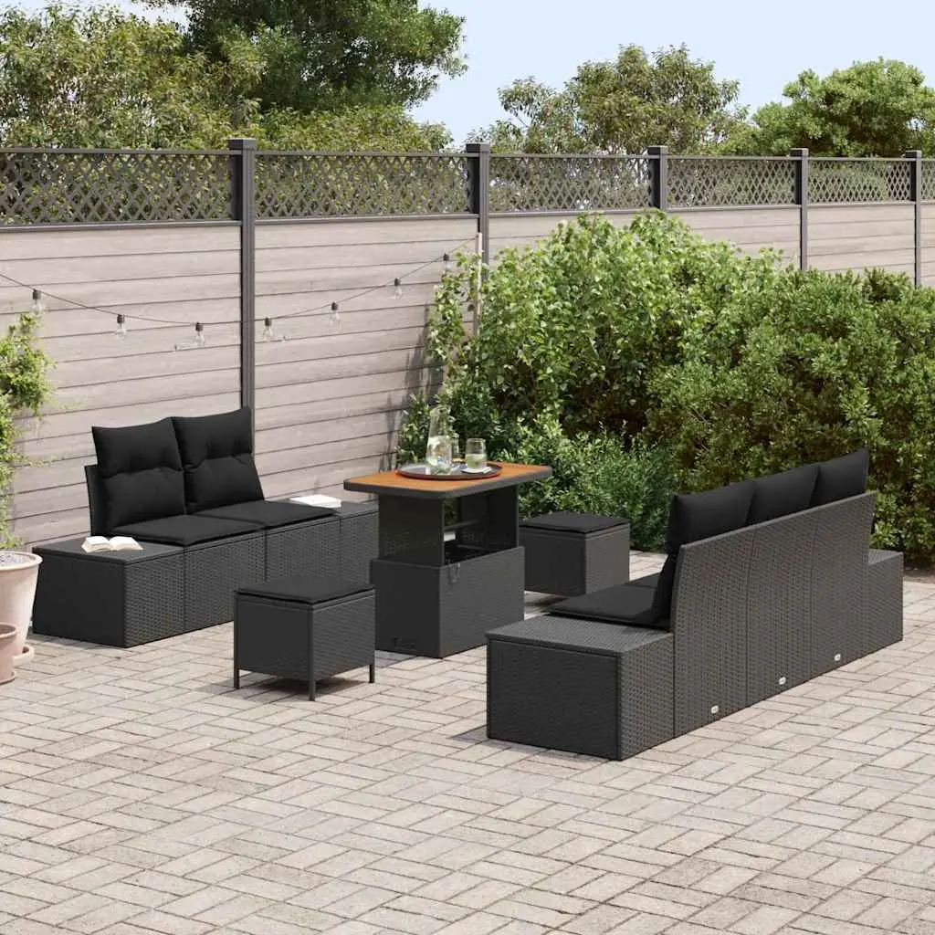 Outdoor Garden Sofa Set 8 Pieces Black Poly Rattan Weather Resistant Cushions