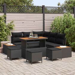 Outdoor Garden Sofa Set 9 Pieces Black Poly Rattan Patio Seating with Cushions