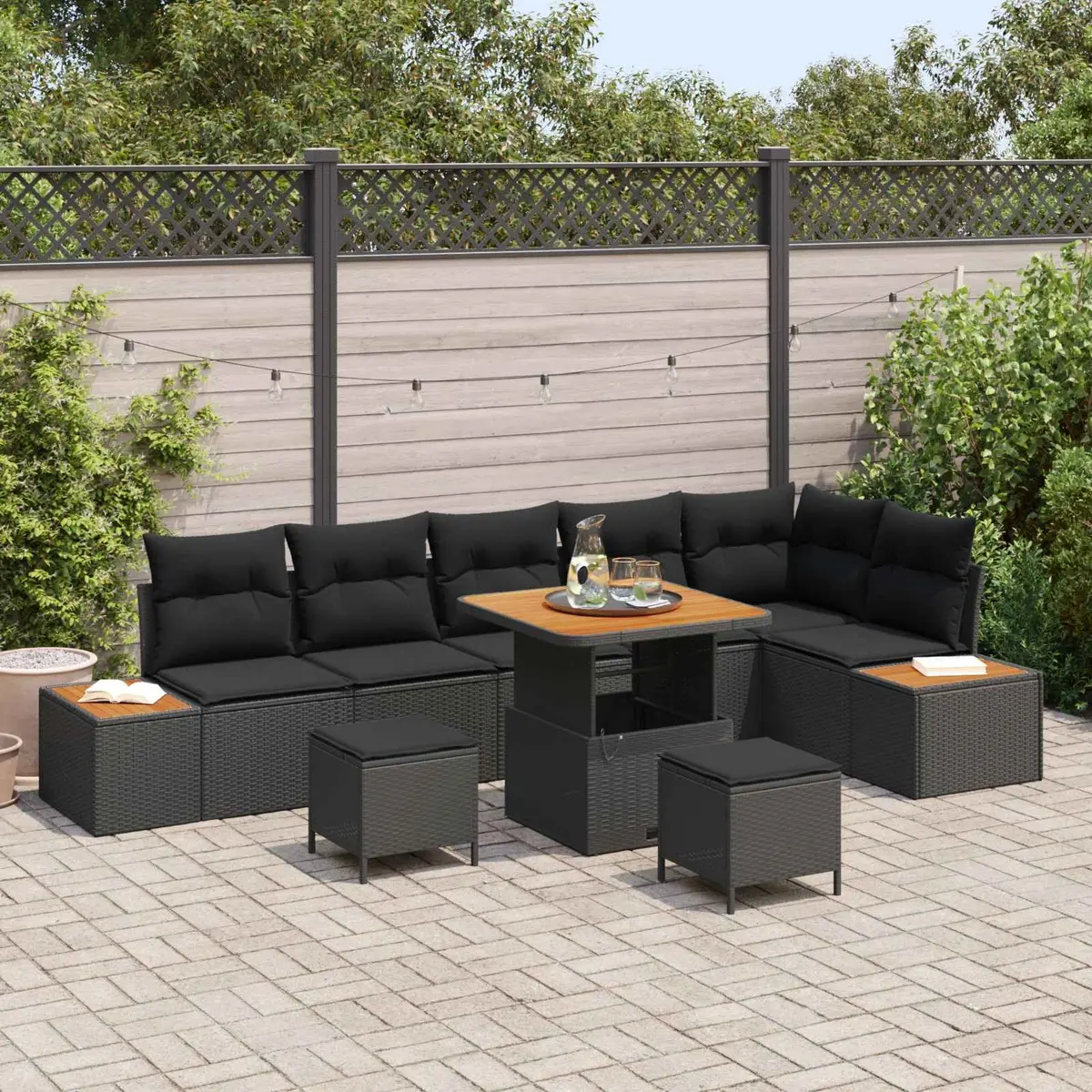 9 Piece Outdoor Garden Sofa Set Black Poly Rattan and Acacia Wood Modular Patio Lounge Furniture with Water Resistant Cushions