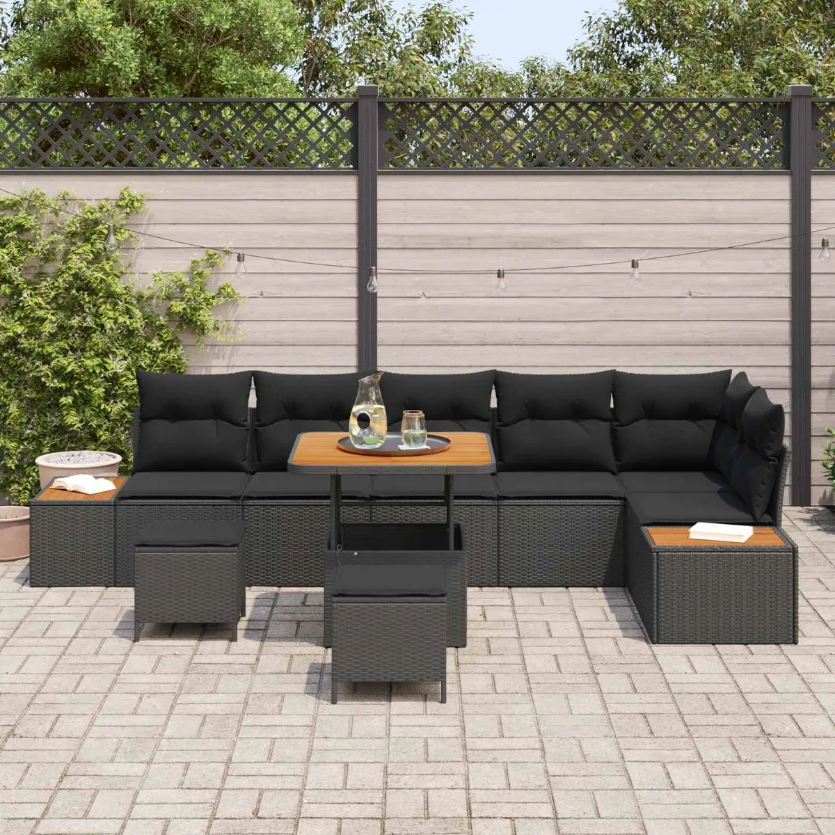 9 Piece Outdoor Garden Sofa Set Black Poly Rattan and Acacia Wood Modular Patio Lounge Furniture with Water Resistant Cushions