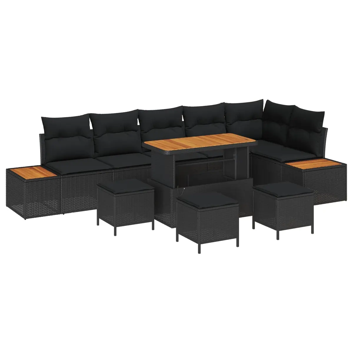 10PieceOutdoorSofaSetBlackPolyRattanAcaciaWoodCushionsModernPatioLounge