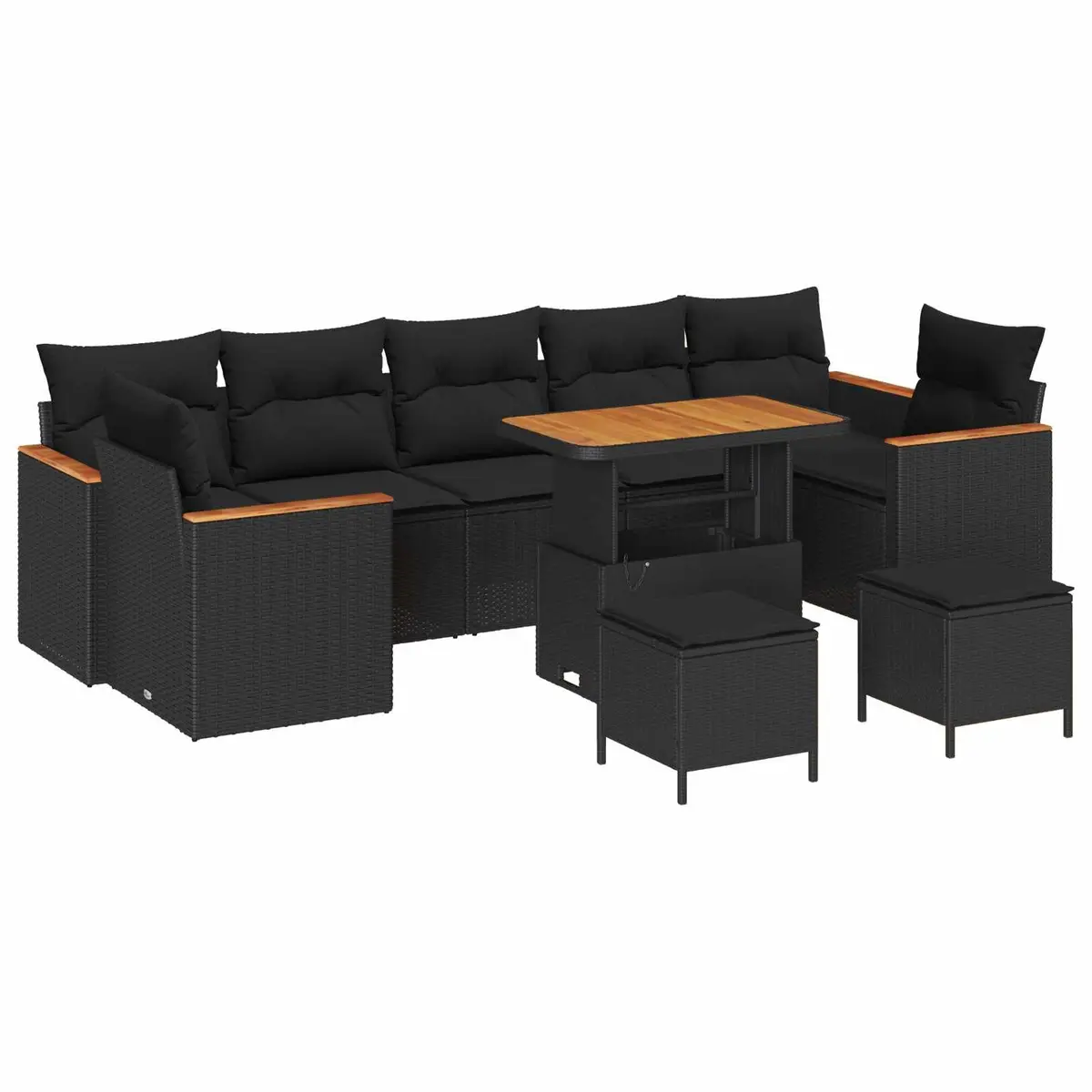 Modular Garden Sofa Set 10 Piece Black Poly Rattan Outdoor Furniture with Height Adjustable Table and Cushions