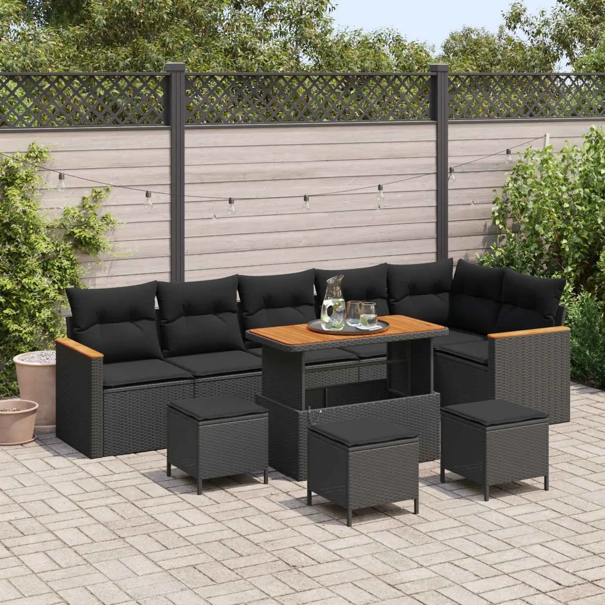 Modular Outdoor Sofa Set 10 Piece Black Poly Rattan Weather Resistant Cushions Acacia Wood Accents Adjustable Height Table