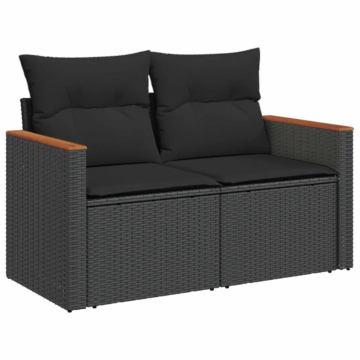 Modular Outdoor Sofa Set 10 Piece Black Poly Rattan Weather Resistant Cushions Acacia Wood Accents Adjustable Height Table