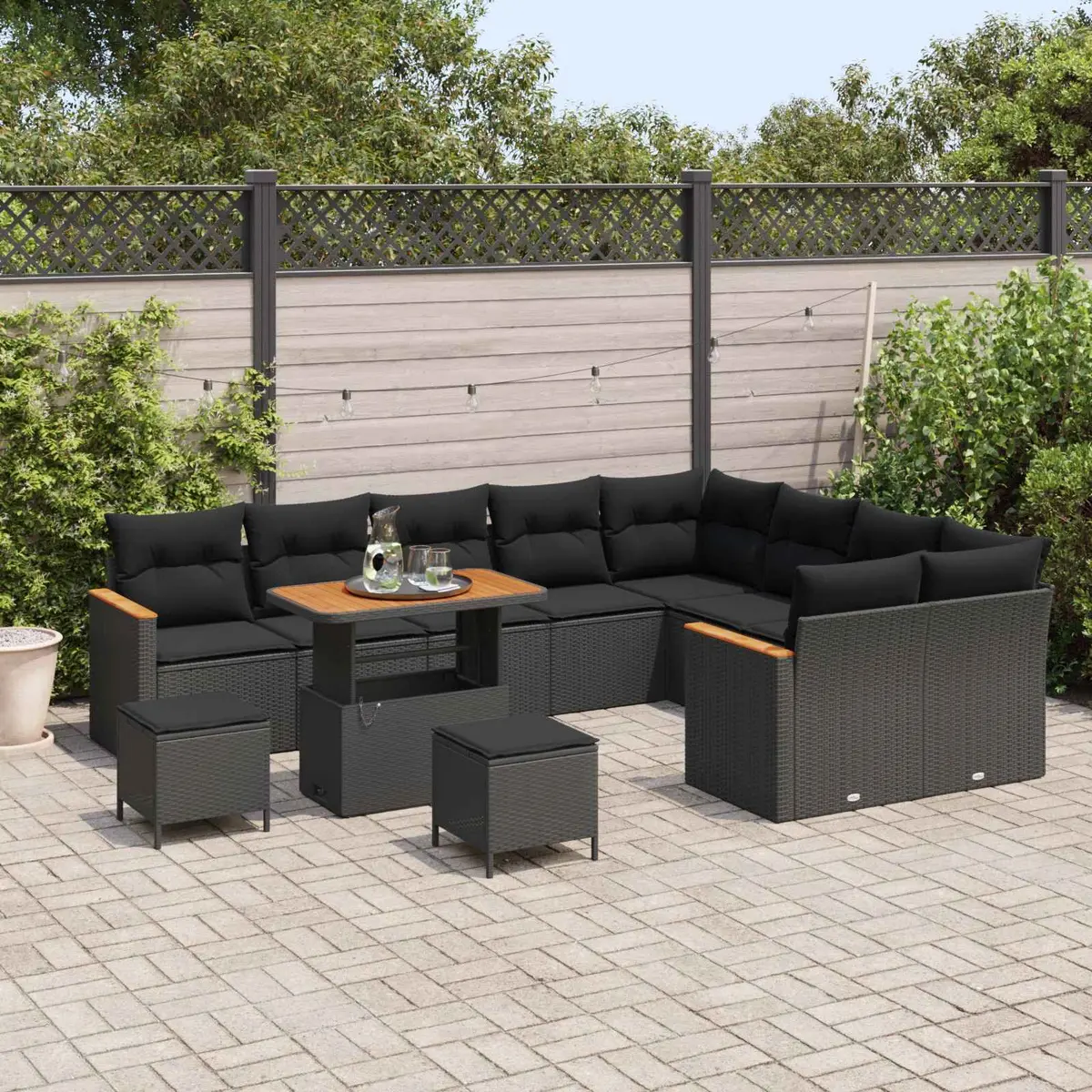 Modular Garden Sofa Set 12 Pieces Black Poly Rattan Outdoor Seating Cushioned