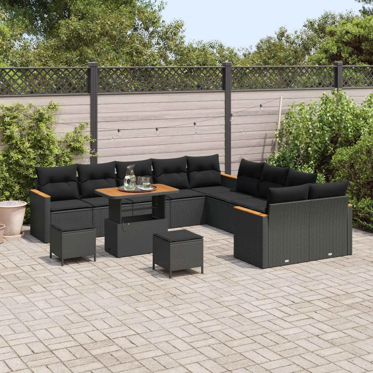 Outdoor Garden Sofa Set 13 Pieces Modular Black Poly Rattan Cushions Weather Resistant