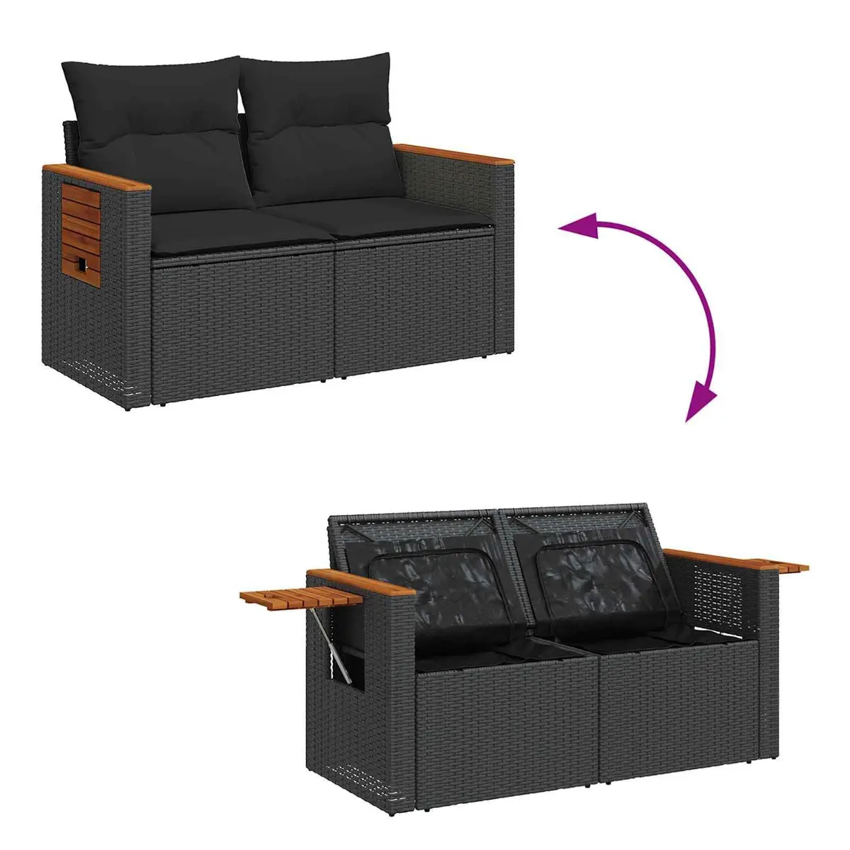 Outdoor Garden Sofa Set 10 Piece Black Poly Rattan Modular Lounge Seating with Acacia Wood and Powder Coated Steel Frame