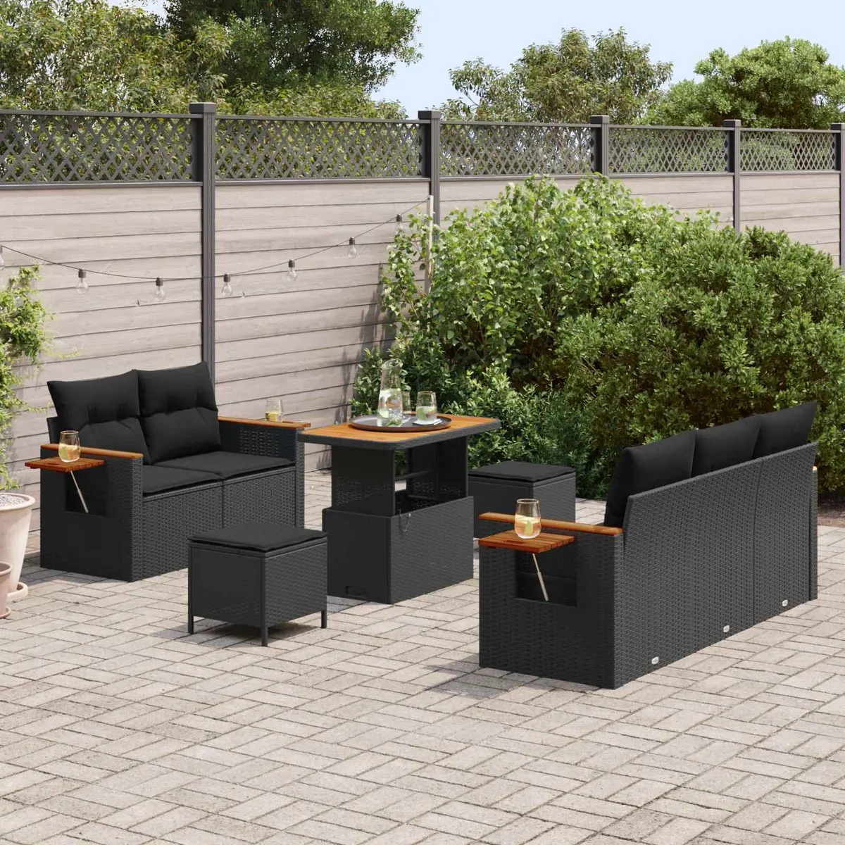 Outdoor Garden Sofa Set 10 Piece Black Poly Rattan Modular Lounge Seating with Acacia Wood and Powder Coated Steel Frame