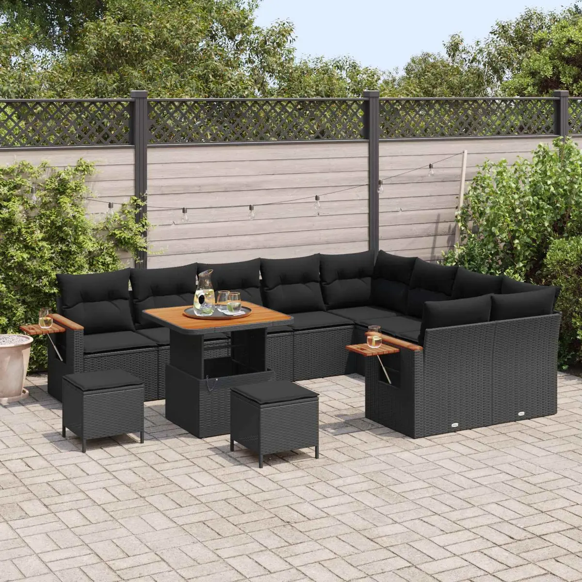 Modular Garden Sofa Set 13 Piece Black Poly Rattan Outdoor Seating with Weatherproof Cushions