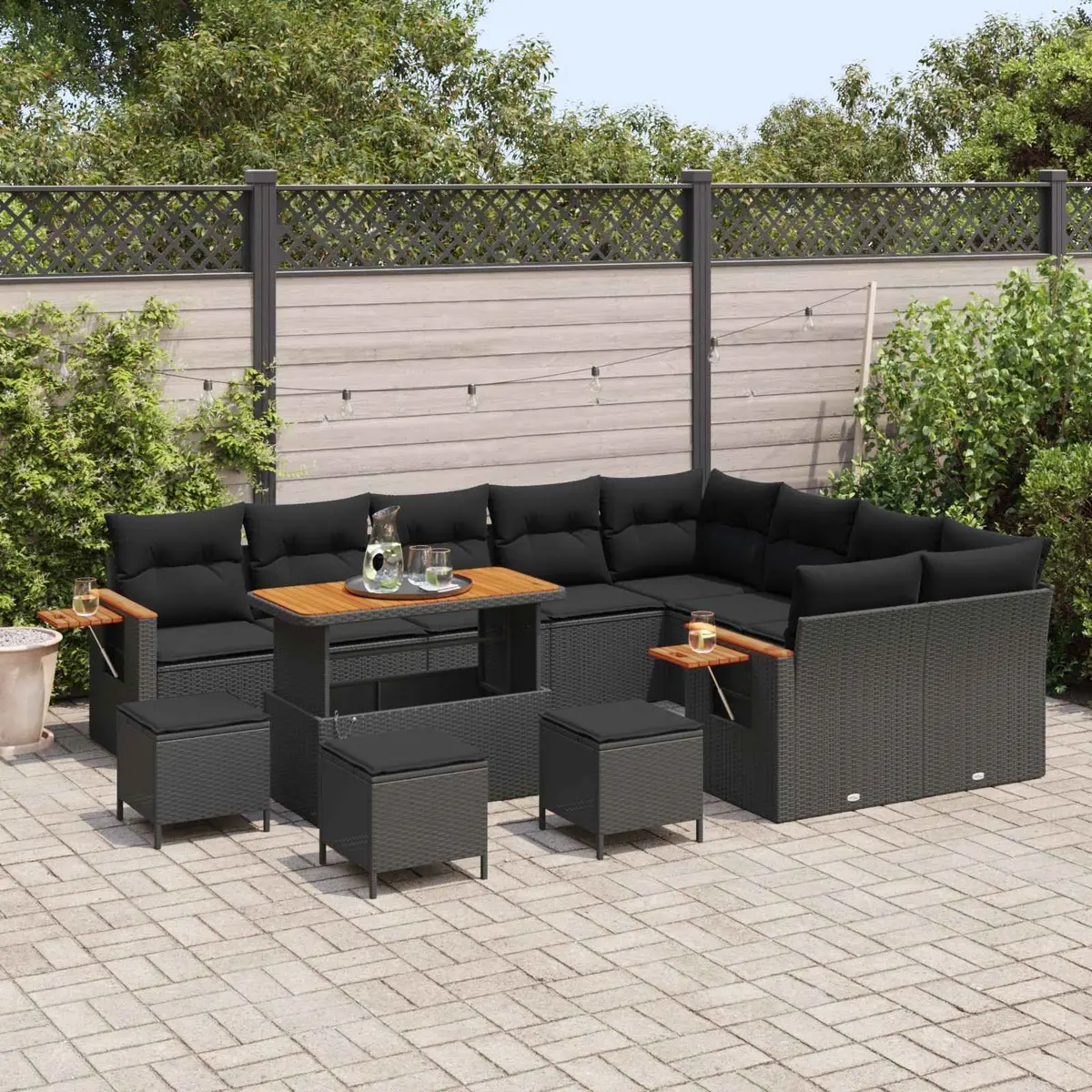 Modular Garden Sofa Set 14 Pieces Black Poly Rattan Outdoor Furniture with Weatherproof Cushions
