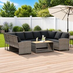Garden Sofa with Cushions Grey Poly Rattan Outdoor Furniture Set Modular