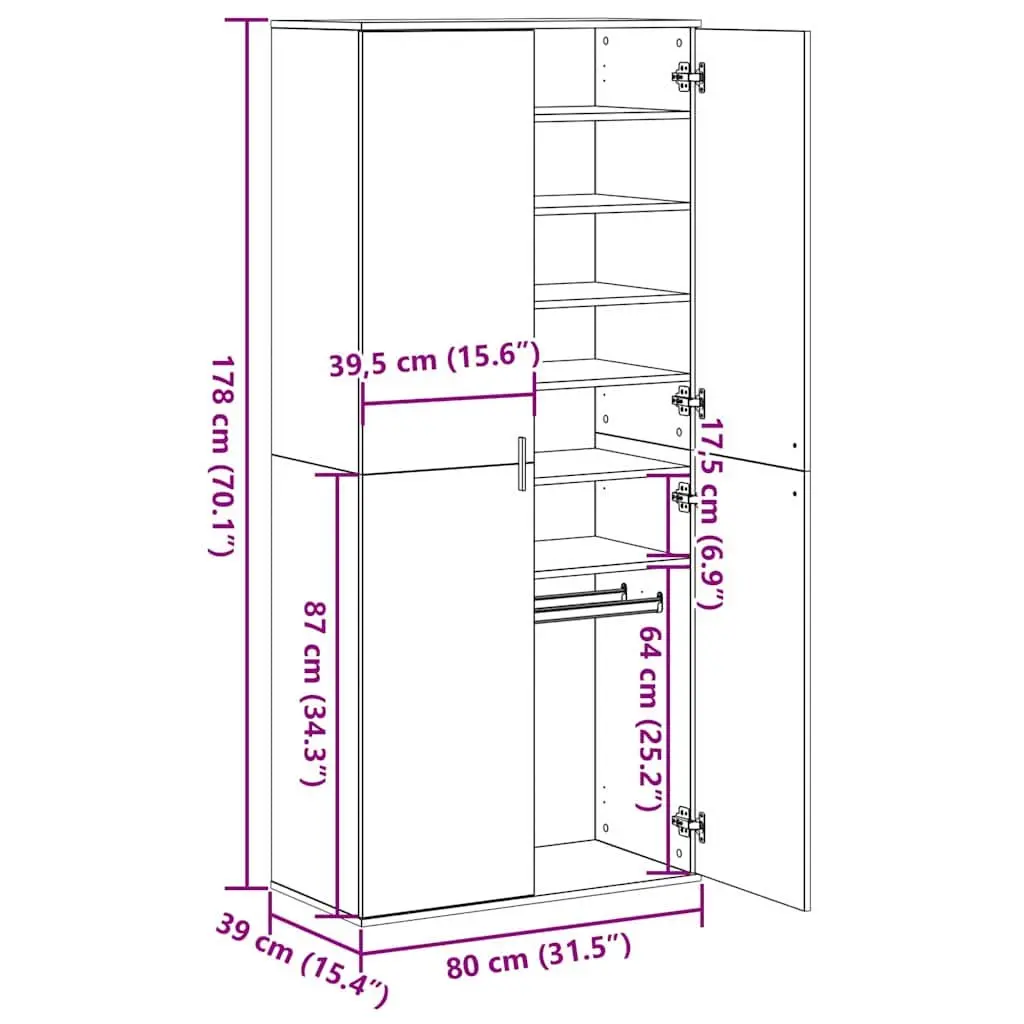 Highboard Storage Cabinet 80 x 39 x 178 cm Brown Engineered Wood Hinged Doors and Internal Shelves
