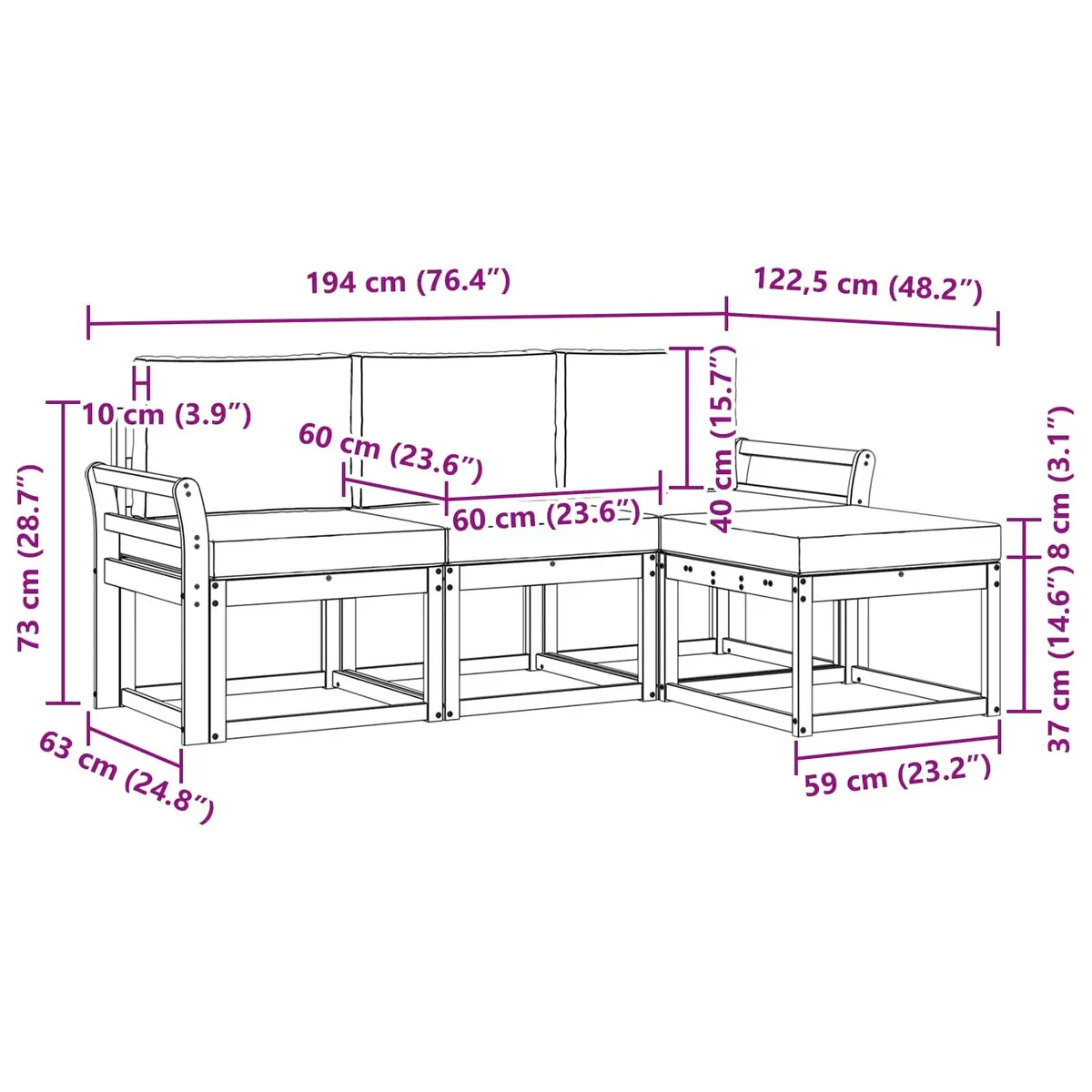 Outdoor Sofa Set 4 Piece Acacia Wood Garden Furniture with Cushions Patio