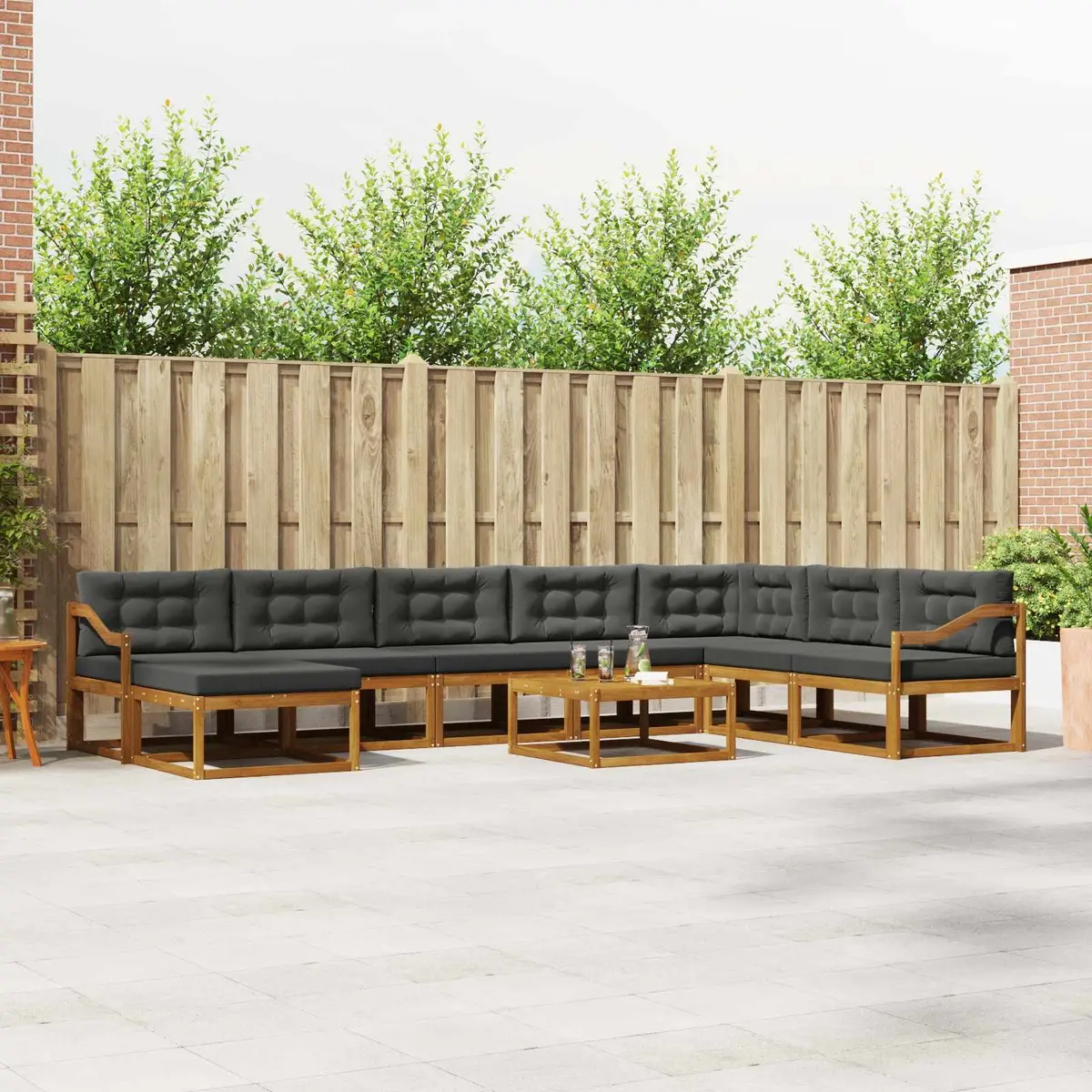 Outdoor Sectional Sofa Set 9 Pieces Brown Solid Acacia Wood Cushions Weather Resistant