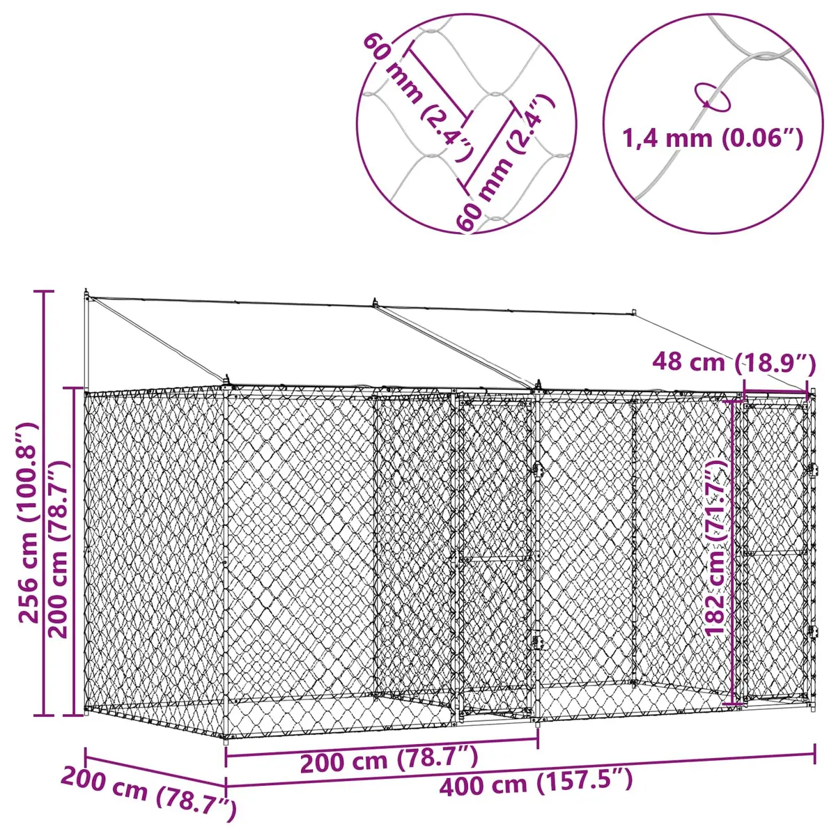 Dog Cage 400 x 200 x 256 cm Outdoor Pet Kennel Run Enclosure with Roof Steel Frame Lockable Door