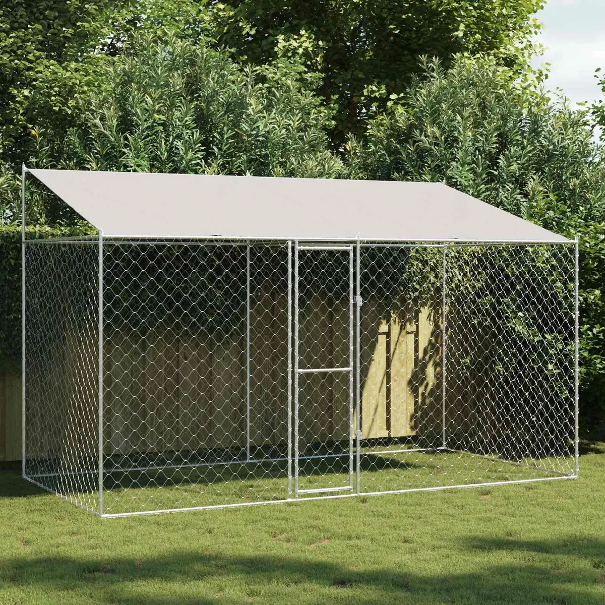 Dog Cage with Roof Large Breed Silver 400 x 200 x 256 cm Durable Steel Frame Wire Mesh Walls