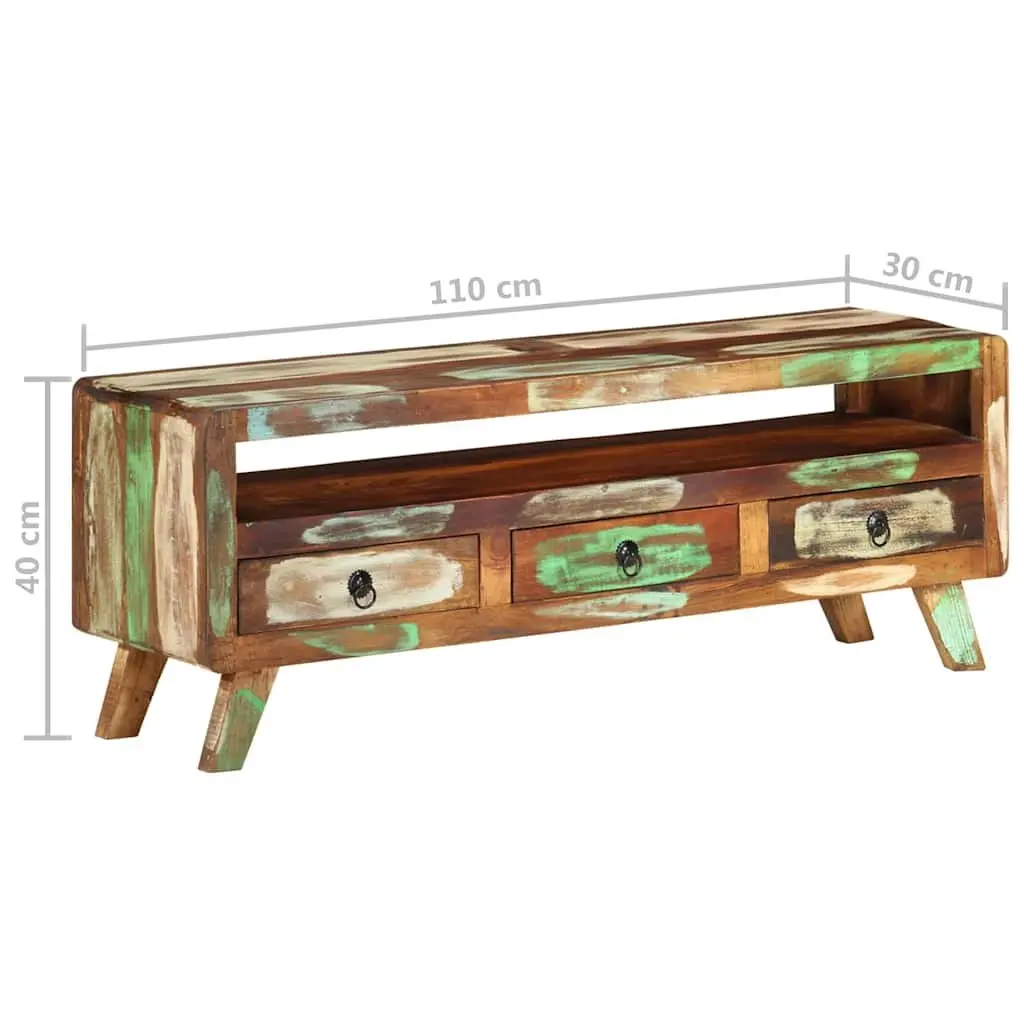 TV Cabinet 110x30x40 cm Solid Reclaimed Wood Multicolour Storage Unit with 3 Drawers and 1 Shelf