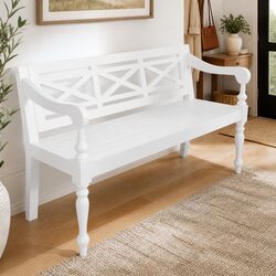 Storage Bench 123cm White Wooden Entryway Hallway Seating Curved Armrests