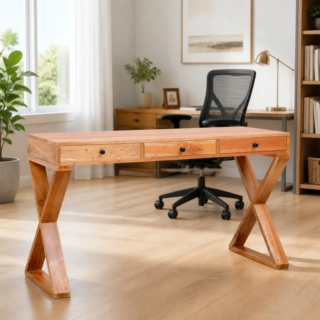 Computer Desk Solid Mahogany Wood Natural Large Working Area 3 Drawers