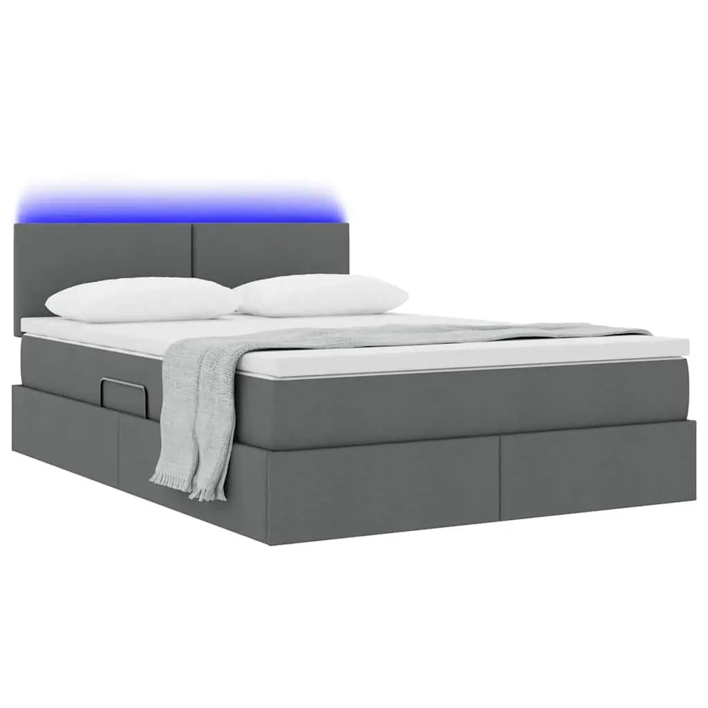 LED Storage Bed 152 x 203 cm Dark Grey Upholstered Frame with Gas Lift and USB-powered LED Lighting
