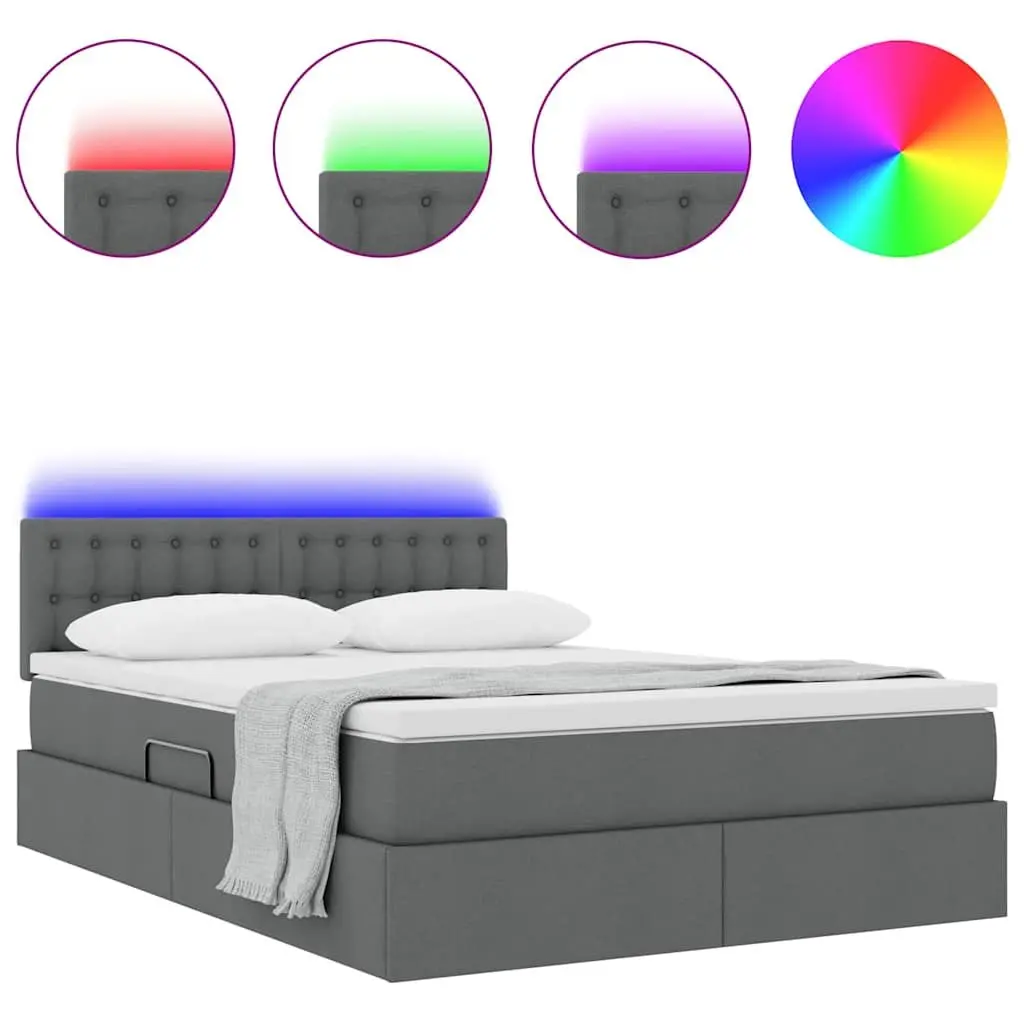 LED Storage Bed with Mattress 152x203cm Dark Grey Upholstered Frame Gas Lift Mechanism USB-Powered LED Strip Lights Adjustable Headboard