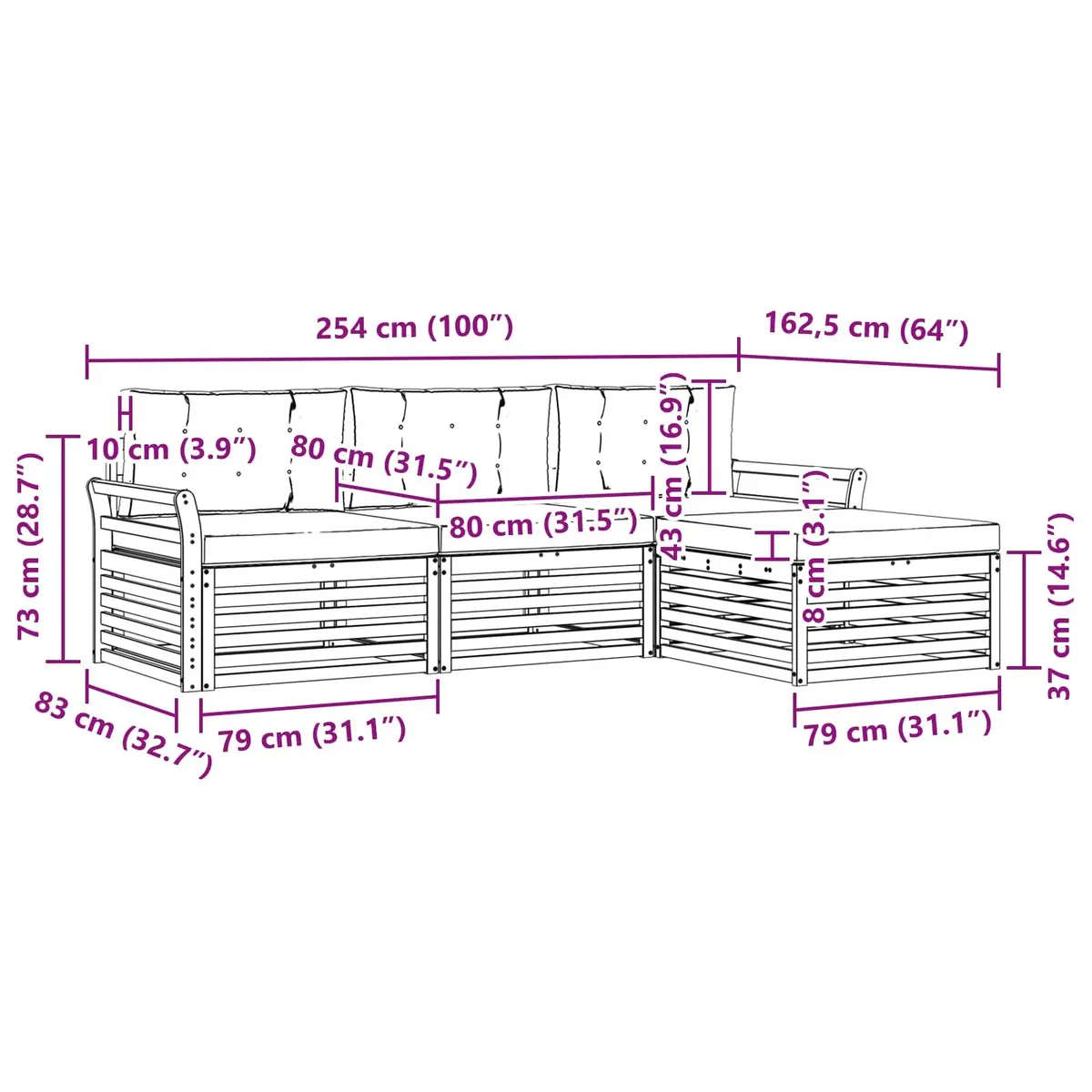Outdoor Sofa Set Garden Furniture Natural Anthracite 254x162.5x73cm Acacia Wood