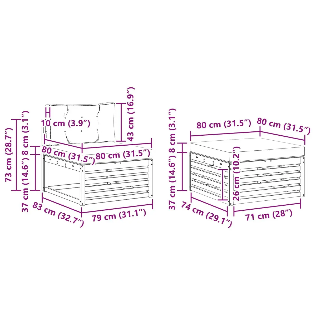 Modular Outdoor Sofa Set Weather-Resistant Solid Acacia Wood Natural Anthracite Finish 2575x1625x730mm
