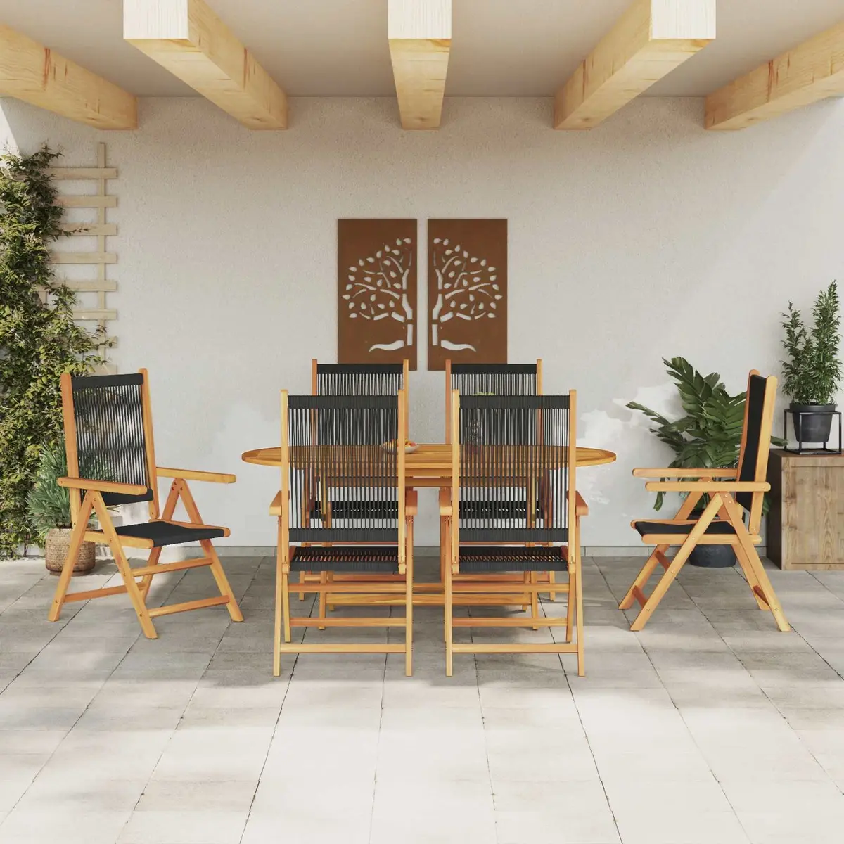 Folding Garden Dining Set 7 Piece Black Acacia Wood Outdoor Patio Furniture
