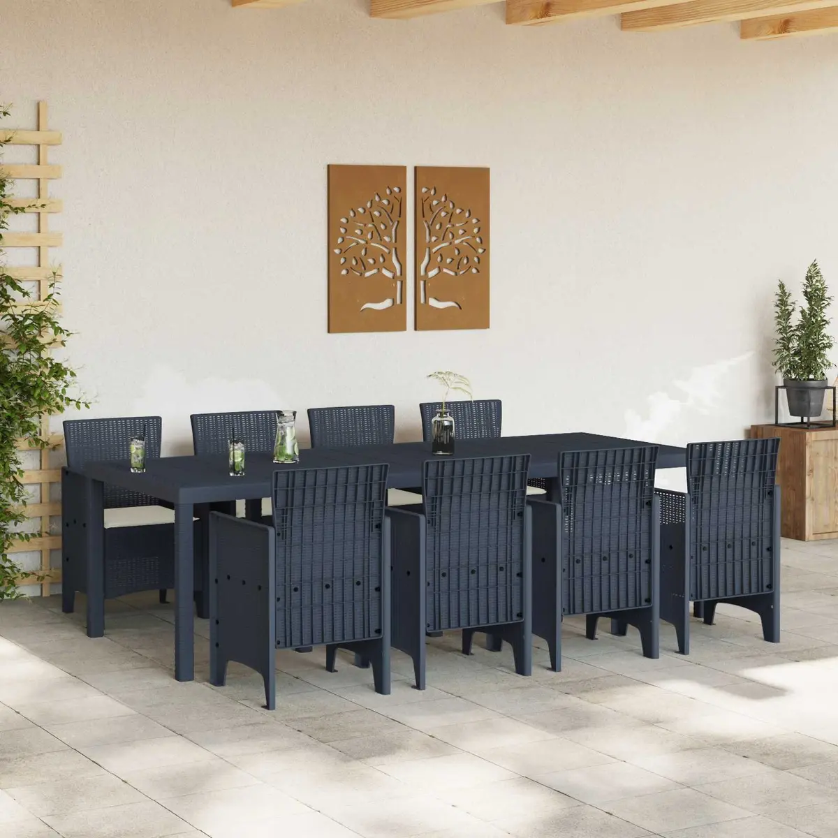 Garden Dining Set 9 Pieces Rectangular Table Modern Poly Rattan Anthracite