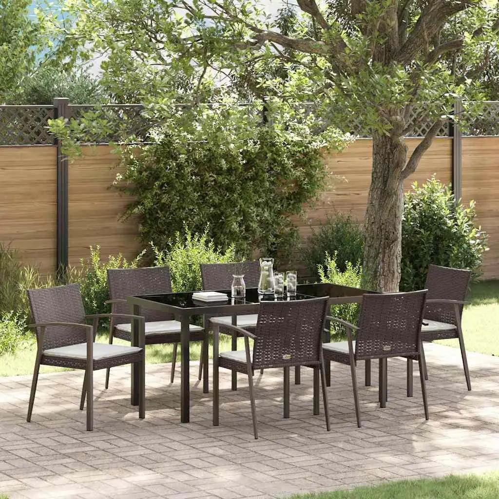 Outdoor Dining Set 7 Piece Rattan Chairs and Table Steel Frame Brown Black