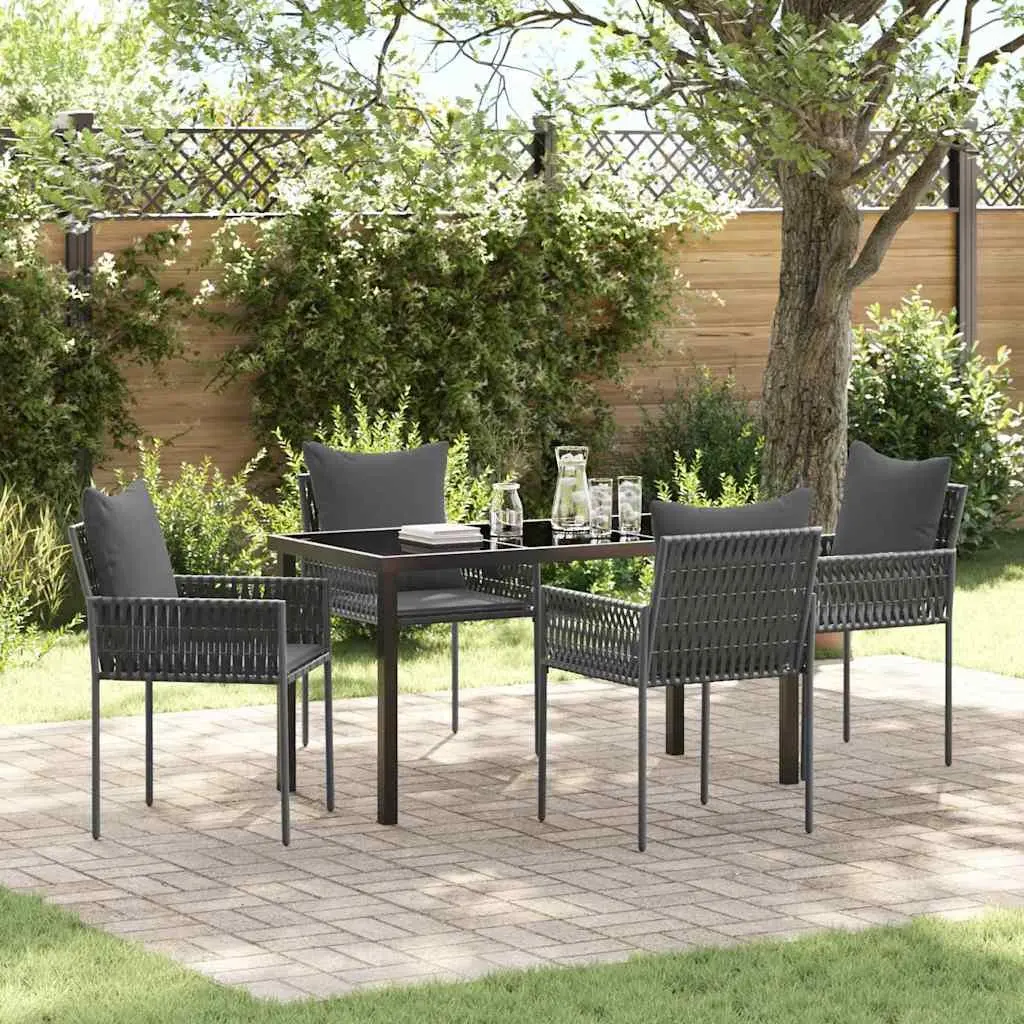 Outdoor Garden Dining Set 5 Piece Black Grey Poly Rattan Chair Table
