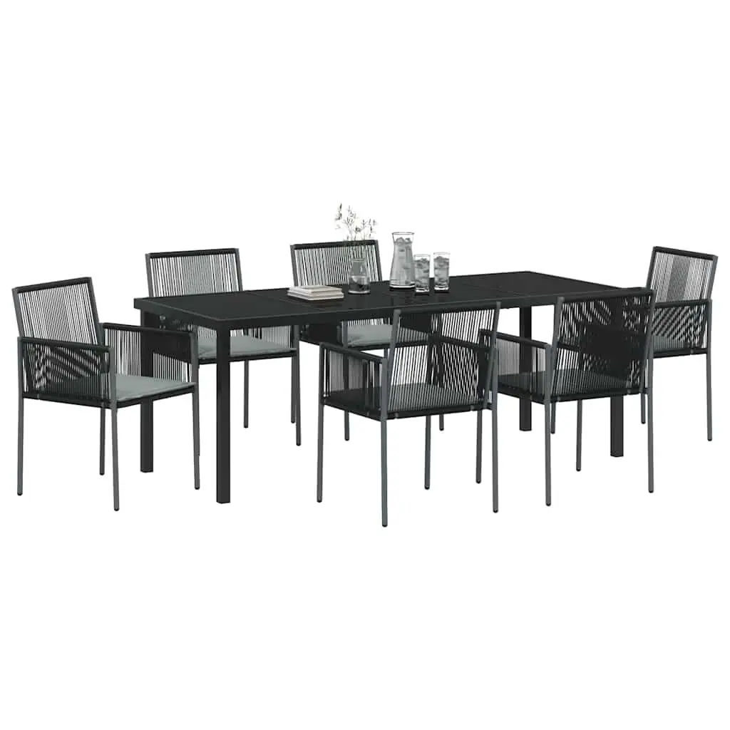 Outdoor Furniture Set 7 Piece Black Poly Rattan Dining Set with Steel Frame for Patio