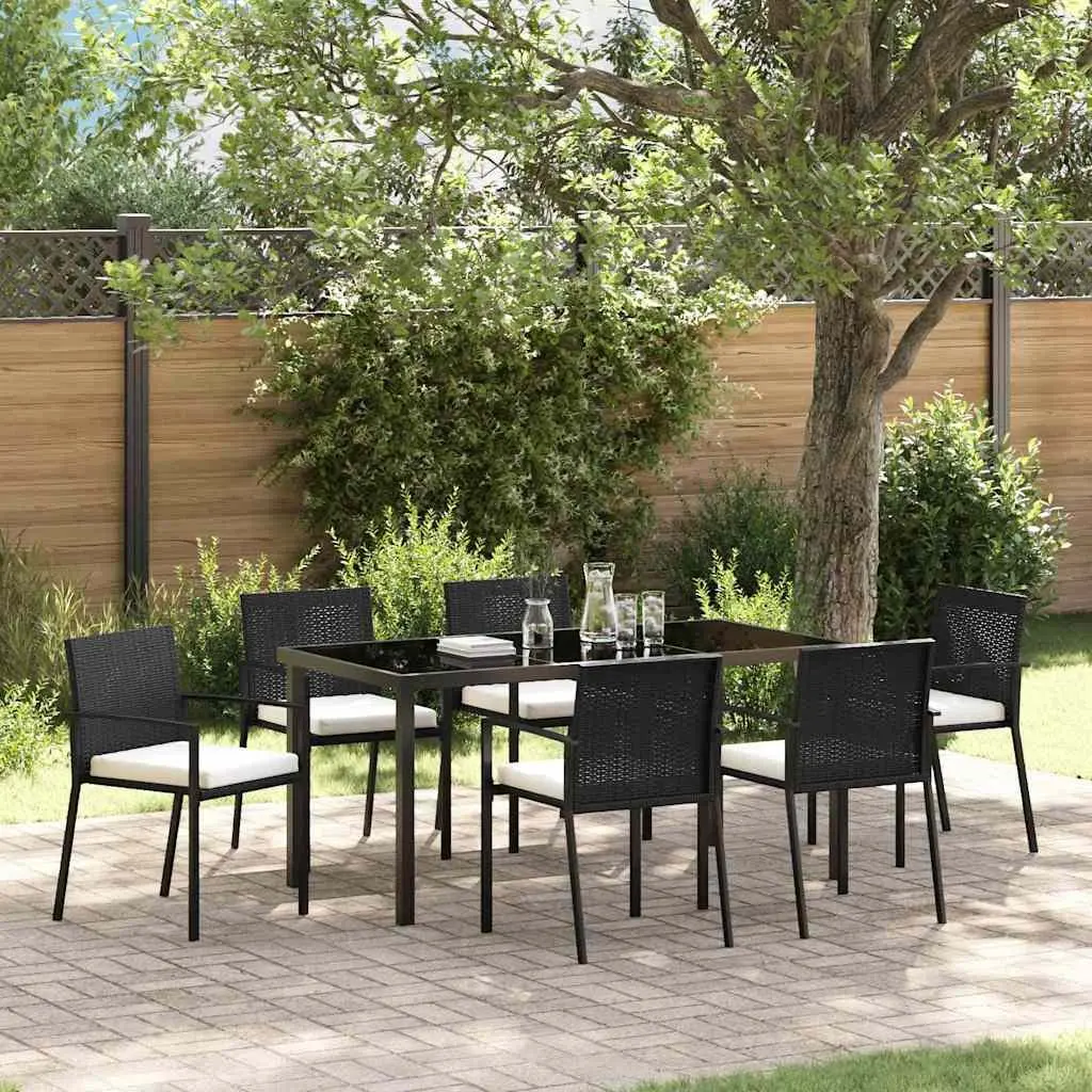 Outdoor Dining Set 7 Piece Black Steel Table and Chairs for Garden and Patio with Removable Cushion and UV Resistant Materials