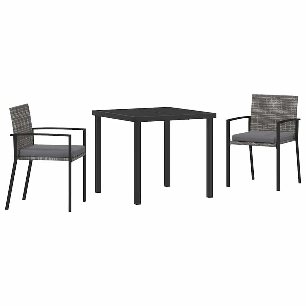 Garden Dining Set 3 Piece Modern Outdoor Furniture Grey Powder-coated Steel Frame Poly Rattan Seat Removable Cushions