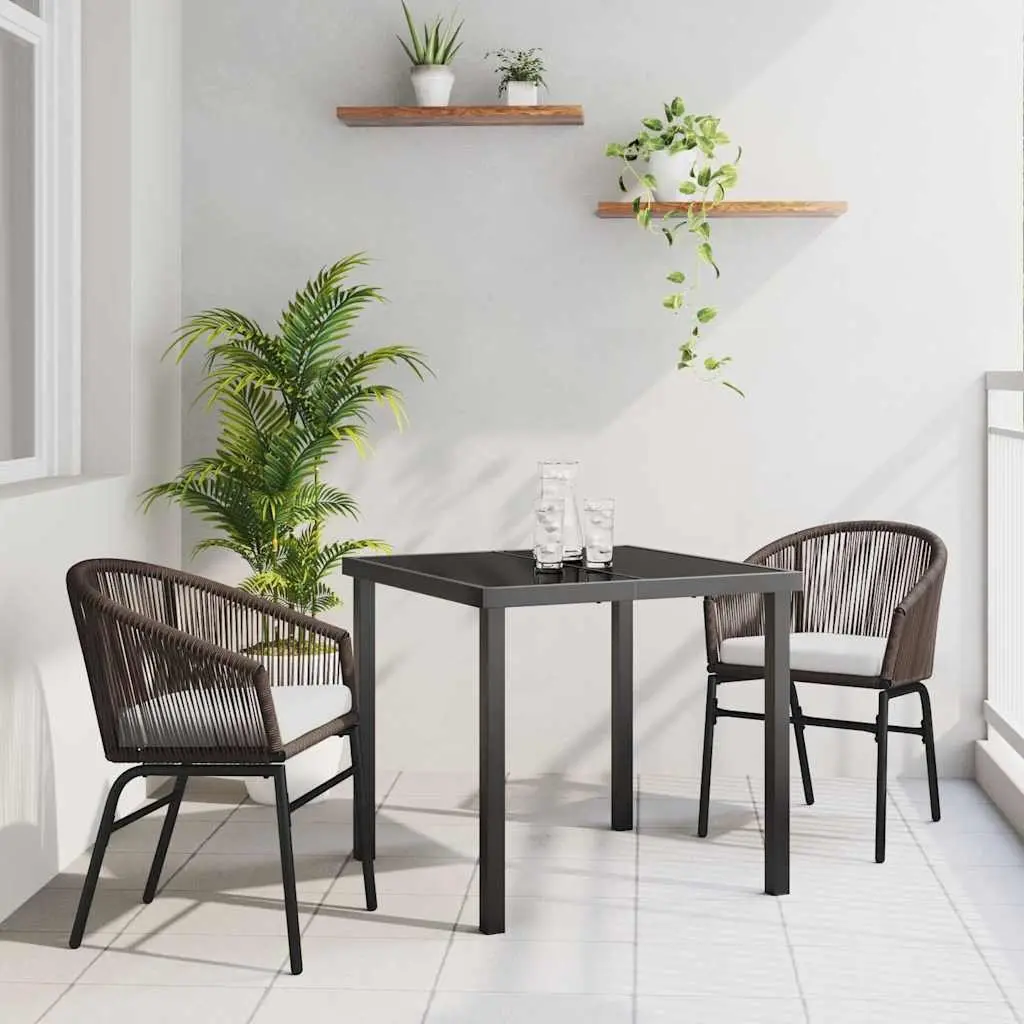 Garden Dining Set 3 Piece Brown Steel Frame Modern Rectangular Outdoor Furniture with Tempered Glass Top