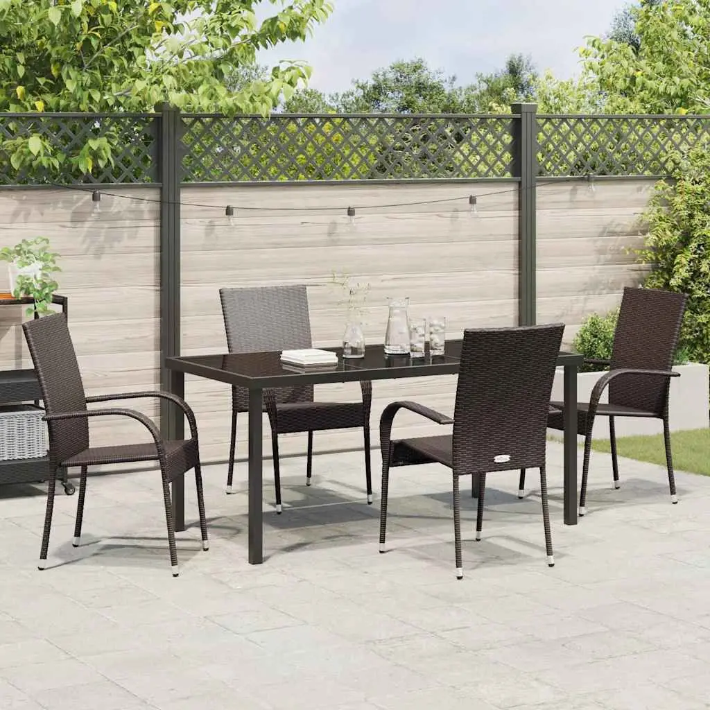 Garden Dining Set 5 Pieces Rectangular Brown Poly Rattan Powder Coated Steel Frame Outdoor Furniture