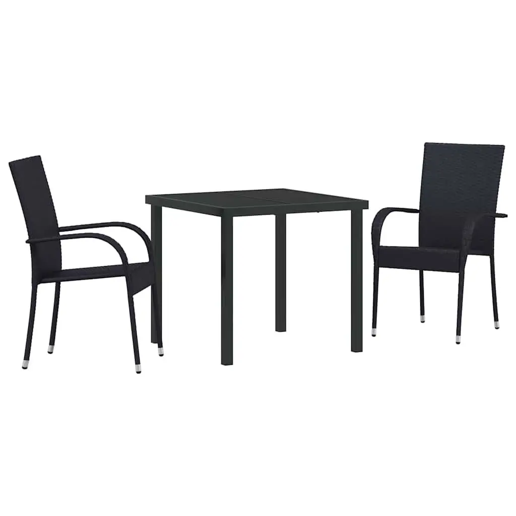 Garden Dining Set 3 Pieces Black Powder-Coated Steel Frame Quick-Drying Poly Rattan Outdoor Patio