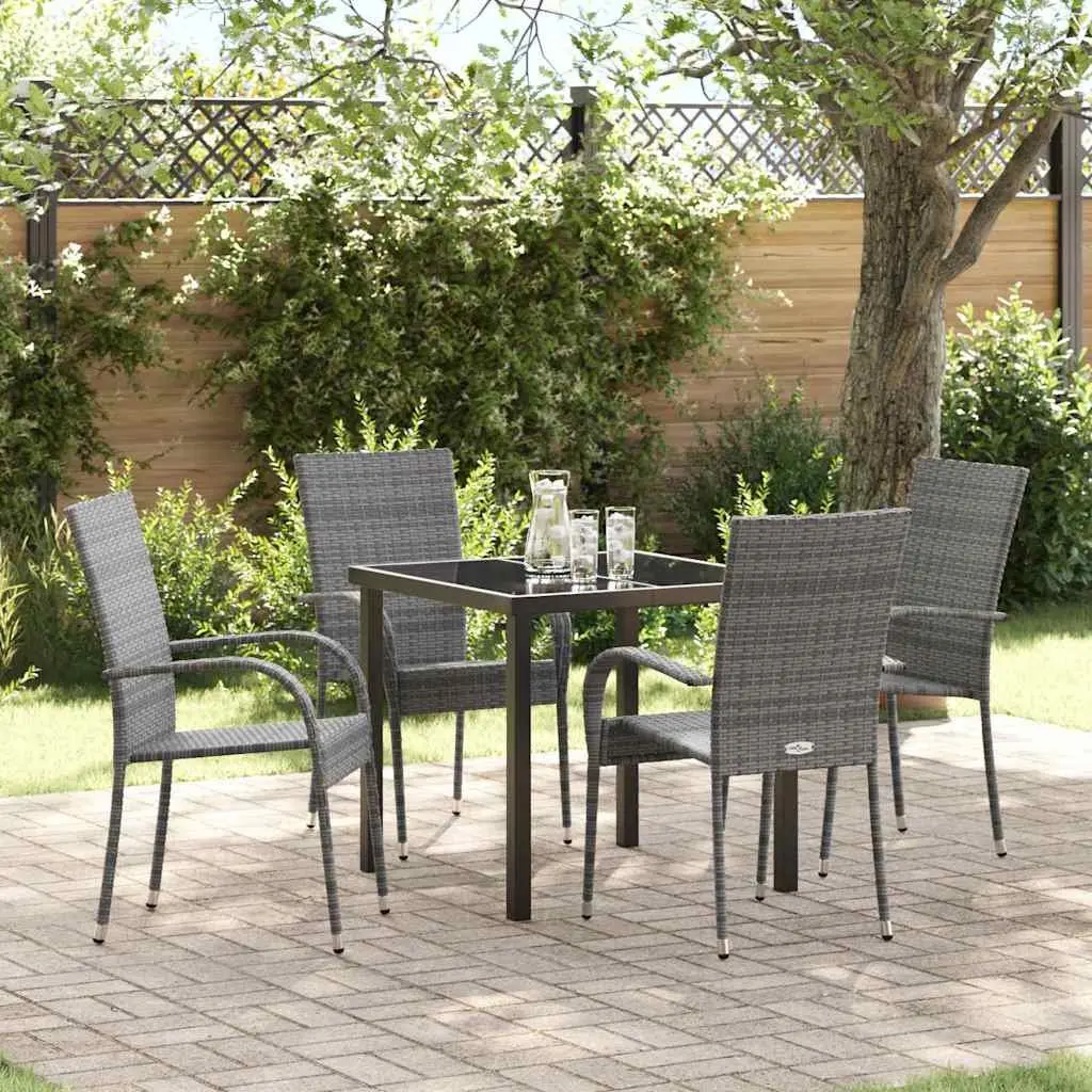 Garden Dining Set 5 Pieces Grey Powder-Coated Steel Frame Rectangular Table Quick-Drying Poly Rattan Seating
