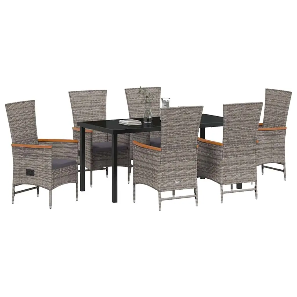 Outdoor Dining Set 7 Piece Grey Rattan Steel Furniture with Glass Table and Reclining Chairs