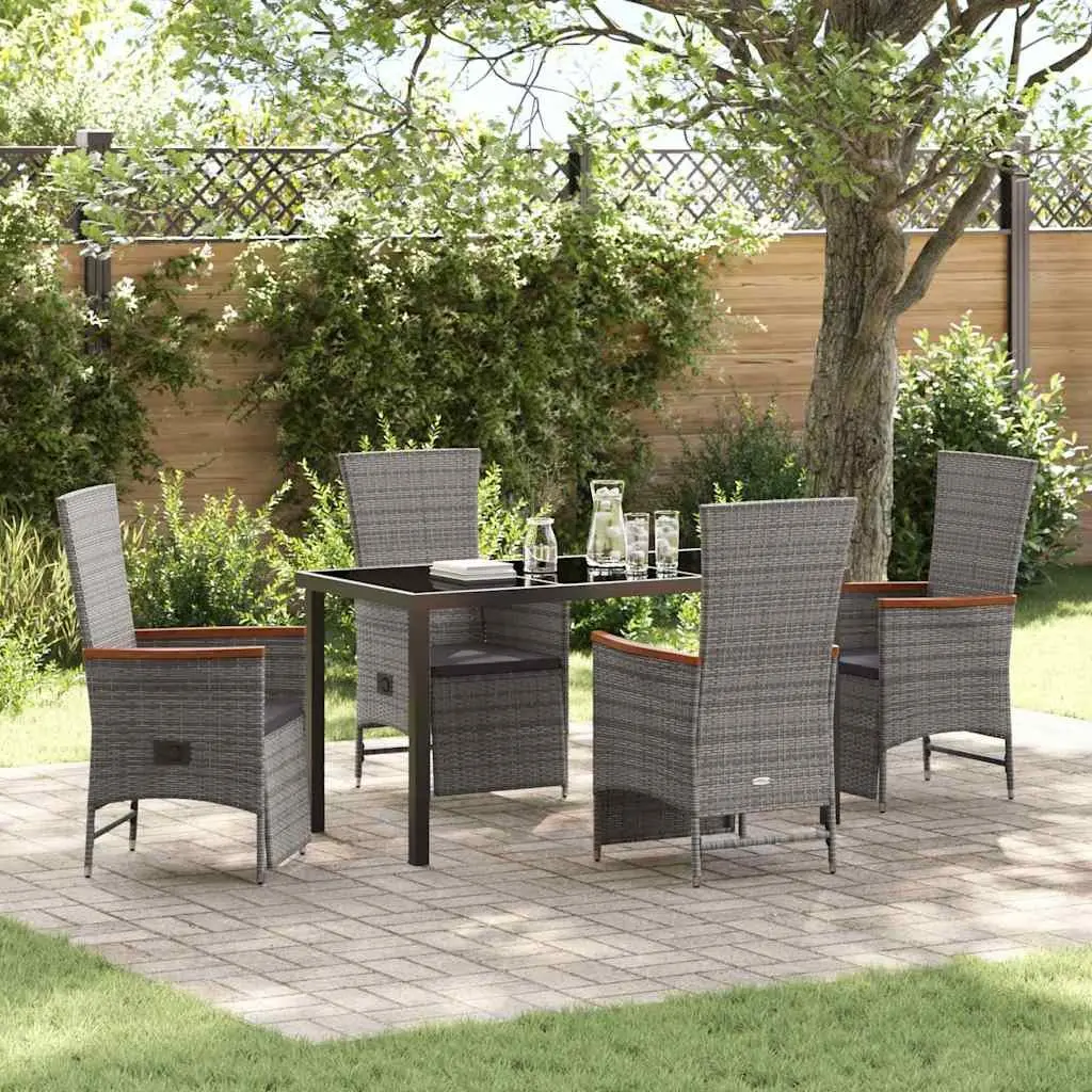 Garden Dining Set 5 Piece Grey Poly Rattan Outdoor Furniture with Adjustable Backrests and Water-Resistant Cushions