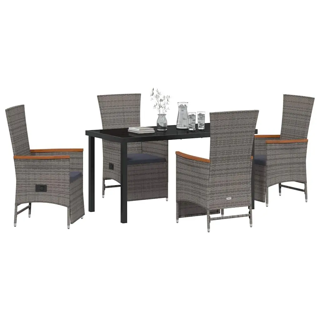 Garden Dining Set 5 Piece Grey Poly Rattan Outdoor Furniture with Adjustable Backrests and Water-Resistant Cushions
